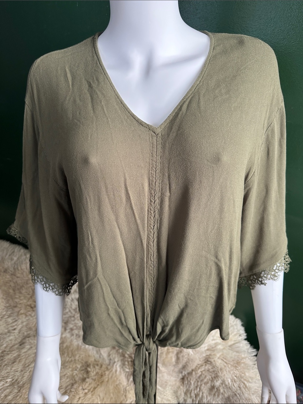 Ariat Olive Tie-Front V-Neck Blouse with Lace Trim